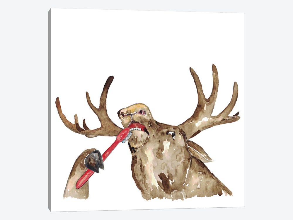 Moose Brushing Teeth by Maryna Salagub 1-piece Canvas Wall Art