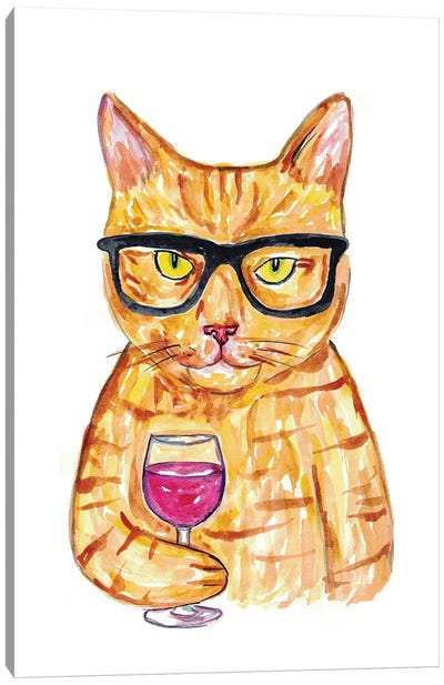 Cat Wine Canvas Art Print - Orange Cat Art