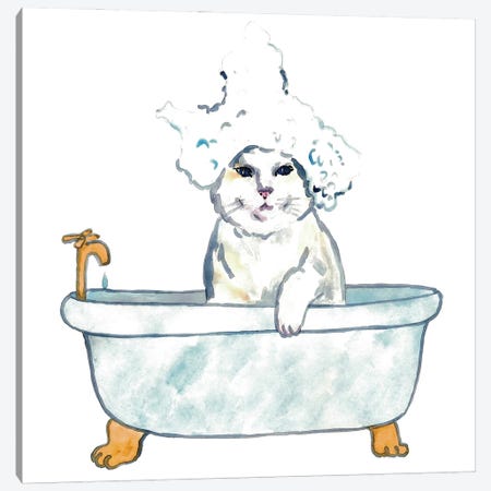 Cat Bath Watercolor Canvas Print #MSG7} by Maryna Salagub Canvas Art Print