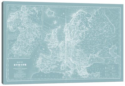 Map of Europe on Aqua Canvas Art Print