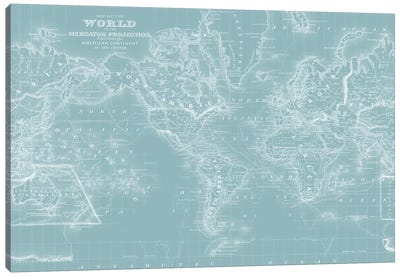 World Map on Aqua Canvas Art Print - Maps & Geography