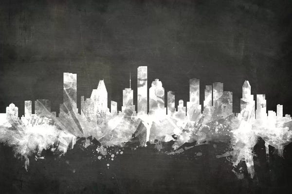 Black & White Digital Art: Blackboard Skyline Of  Houston, Texas, USA by Michael Tompsett