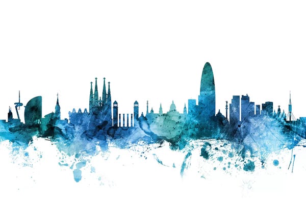 Michael Tompsett: Blue Barcelona, Spain Skyline by Michael Tompsett