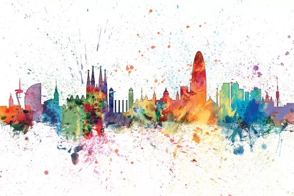 Catalonia: Rainbow Splash Skyline Of Barcelona, Spain by Michael Tompsett