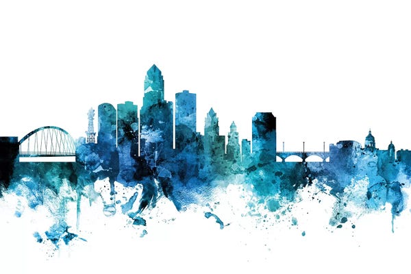 Iowa: Blue Des Moines, Iowa Skyline by Michael Tompsett