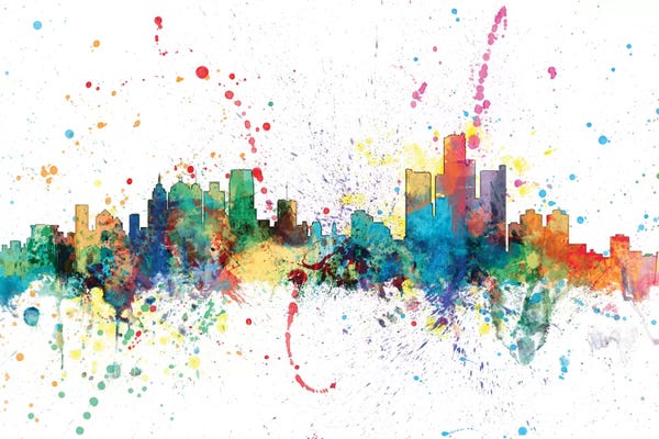 Michigan: Rainbow Splash Skyline Of Detroit, Michigan, USA by Michael Tompsett