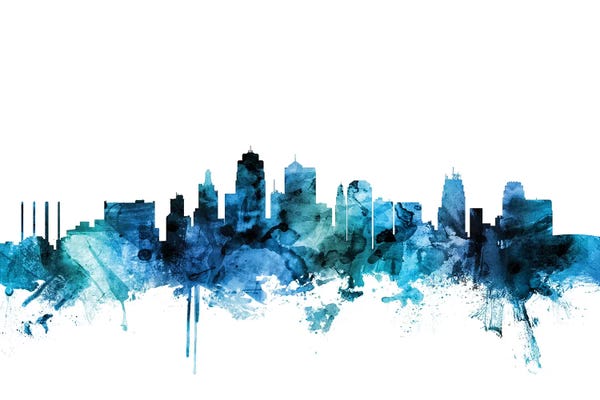 Michael Tompsett: Blue Kansas City, Missouri Skyline by Michael Tompsett