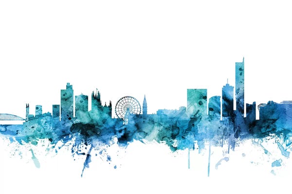 Manchester: Blue Manchester, England Skyline by Michael Tompsett
