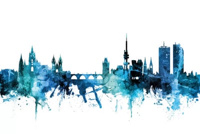 Blue Prague (Praha), Czech Republic Skyline by Michael Tompsett framed canvas print