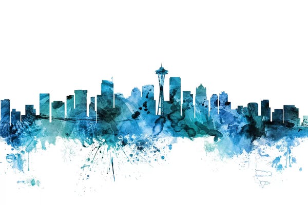 Michael Tompsett: Blue Seattle, Washington Skyline by Michael Tompsett