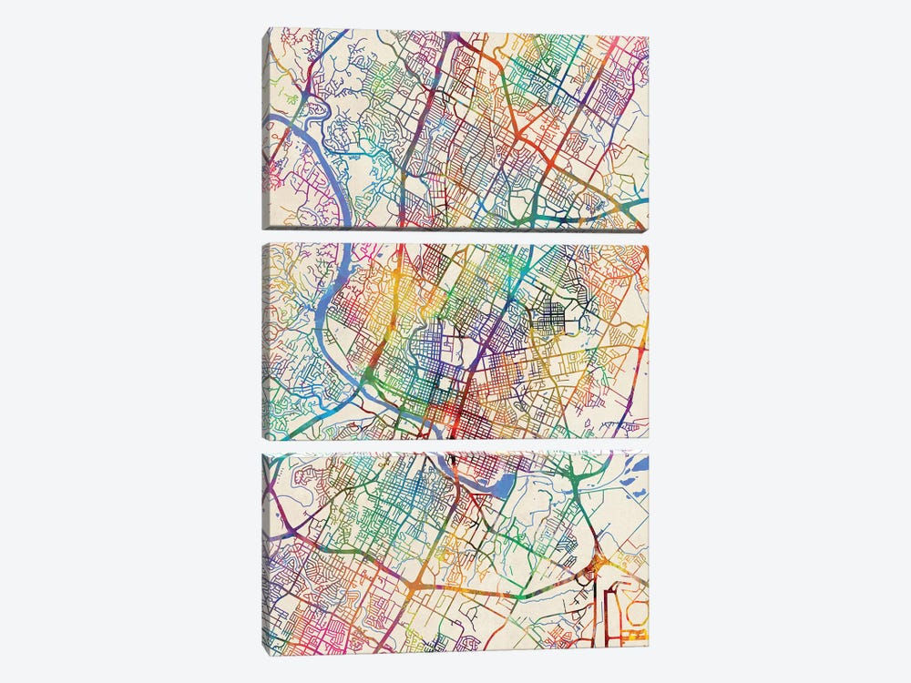 Austin Texas City Map III by Michael Tompsett 3-piece Canvas Artwork