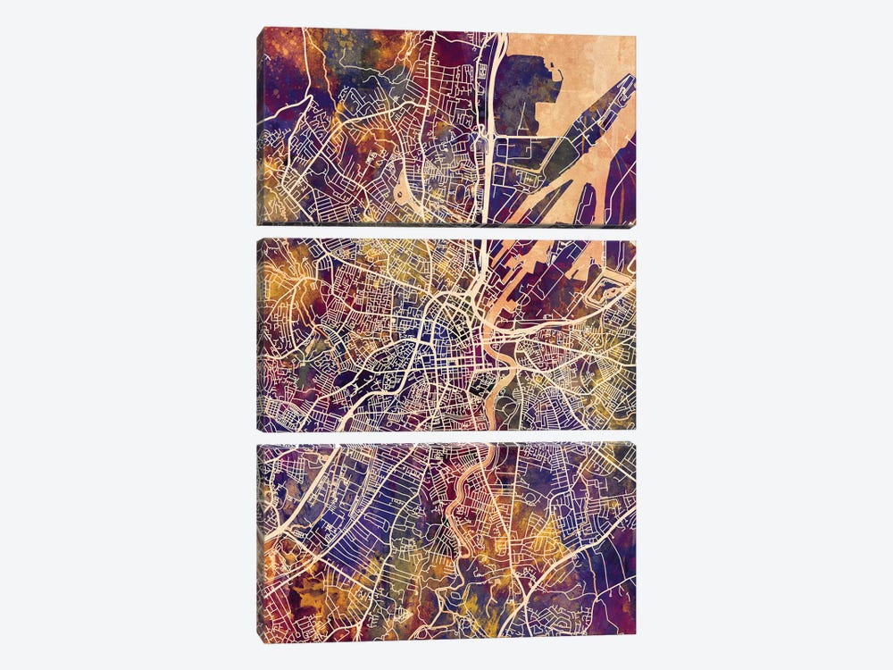Belfast Northern Ireland City Map II by Michael Tompsett 3-piece Canvas Art
