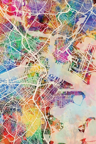 Maps: Rainbow Splash Boston Massachusetts Street Map I by Michael Tompsett