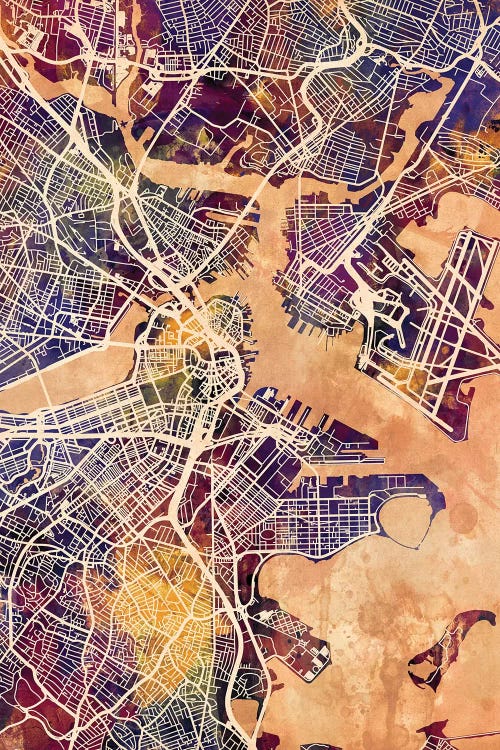 Purple Splash Boston Massachusetts Street Map II by Michael Tompsett wall art