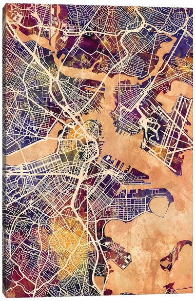 Boston Massachusetts Street Map II Canvas Art Print - Boston Art