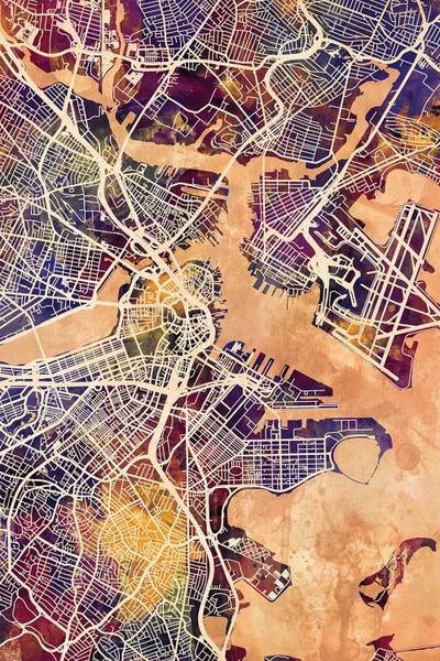 Michael Tompsett: Purple Splash Boston Massachusetts Street Map II by Michael Tompsett