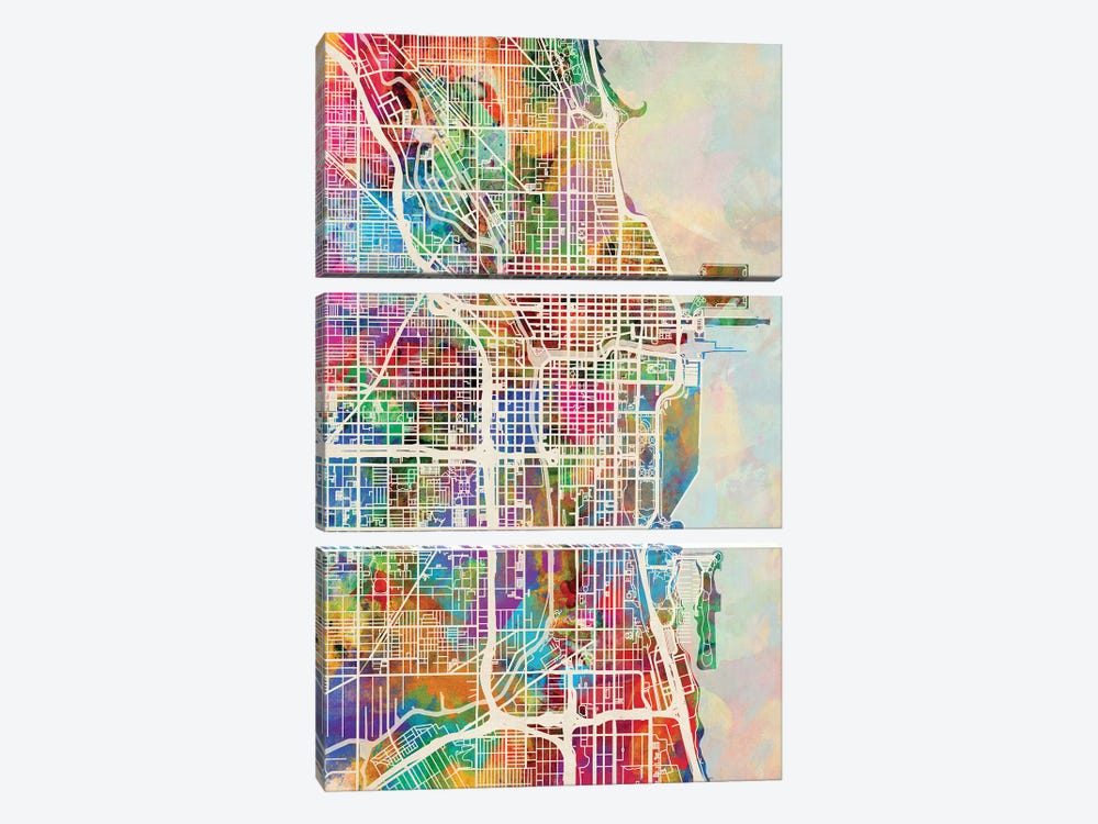 Chicago City Street Map I by Michael Tompsett 3-piece Canvas Wall Art