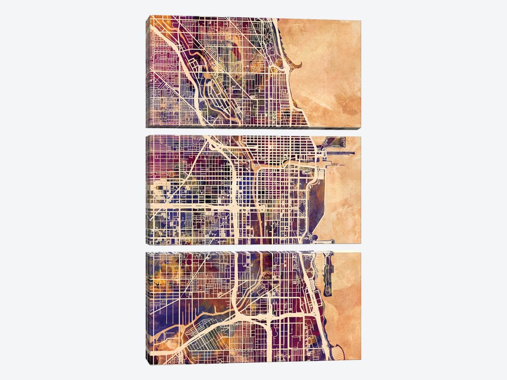 Chicago City Street Map II 3-piece Canvas Art