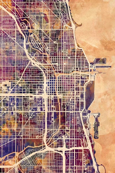 Large Map Art - Canvas Prints: Chicago City Street Map II by Michael Tompsett