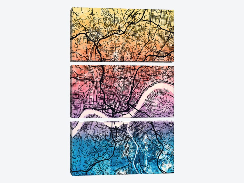 Cincinnati Ohio City Map IV by Michael Tompsett 3-piece Canvas Art Print