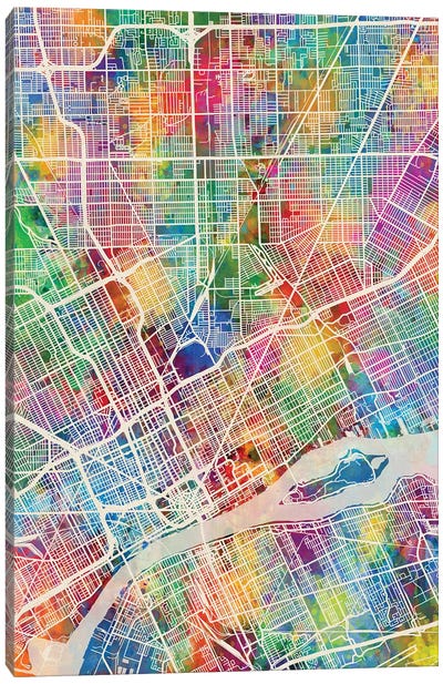 Detroit Michigan City Map I Canvas Art Print - Michigan Art