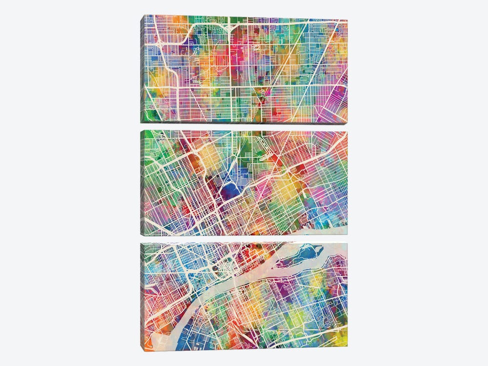 Detroit Michigan City Map I by Michael Tompsett 3-piece Canvas Art