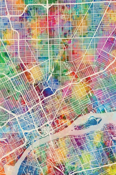 Large Map Art - Canvas Prints: Detroit Michigan City Map I by Michael Tompsett