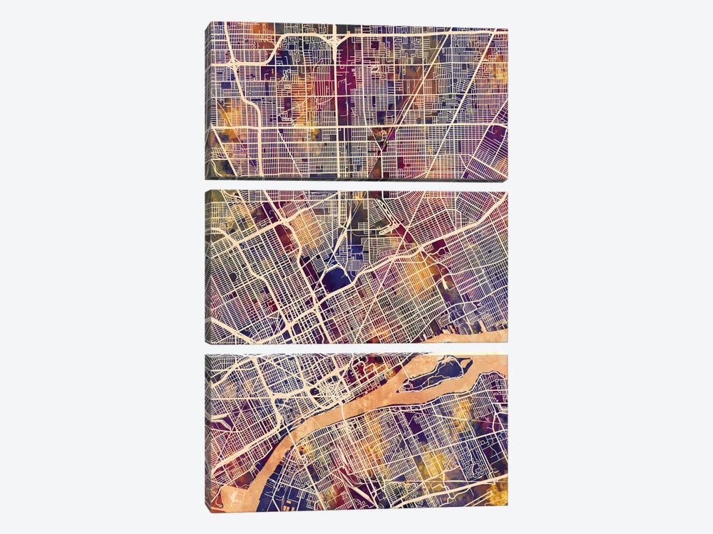 Detroit Michigan City Map II by Michael Tompsett 3-piece Canvas Print