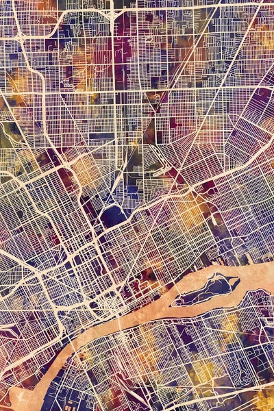 Large Map Art - Canvas Prints: Detroit Michigan City Map II by Michael Tompsett