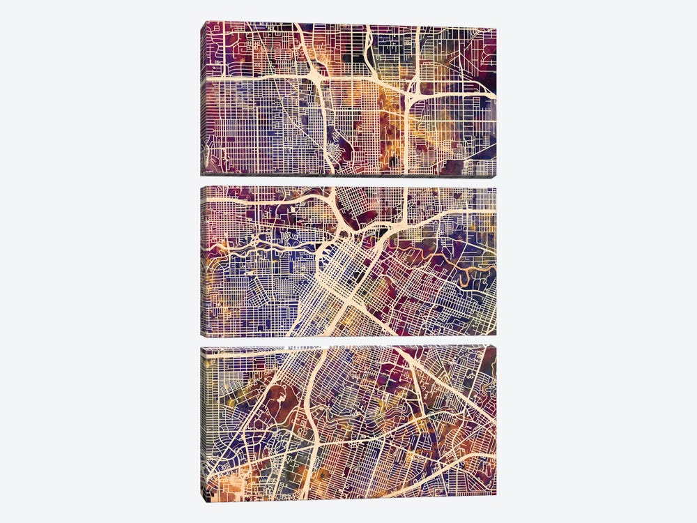 Houston Texas City Street Map II by Michael Tompsett 3-piece Canvas Wall Art