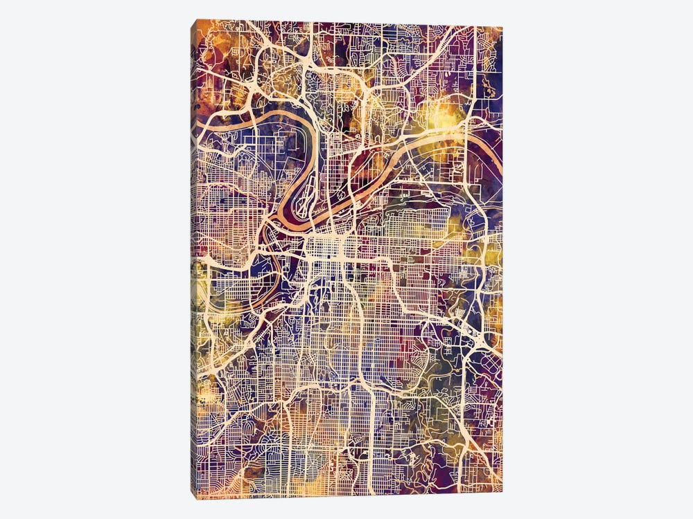 Kansas City Missouri City Map II by Michael Tompsett 1-piece Canvas Wall Art