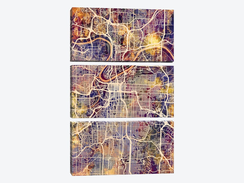 Kansas City Missouri City Map II by Michael Tompsett 3-piece Canvas Wall Art