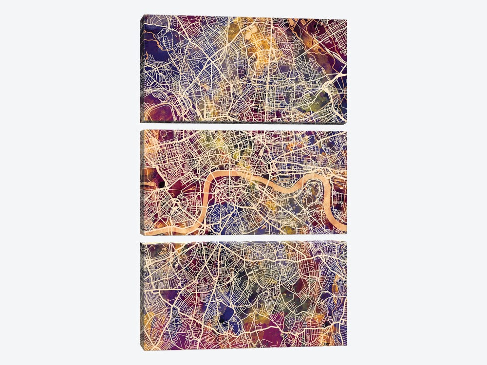 London England Street Map II by Michael Tompsett 3-piece Canvas Art Print