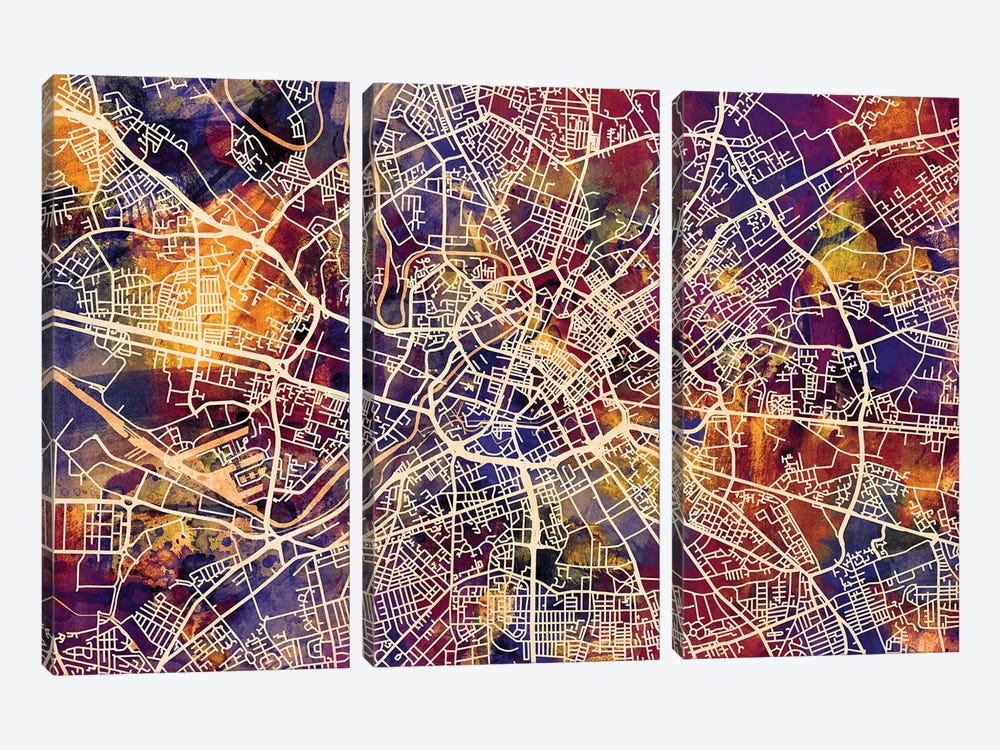 Manchester England Street Map I by Michael Tompsett 3-piece Canvas Print