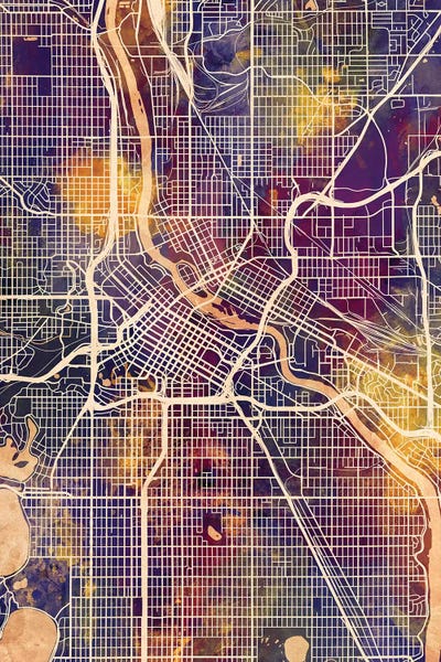 Large Map Art - Canvas Prints: Minneapolis Minnesota City Map II by Michael Tompsett