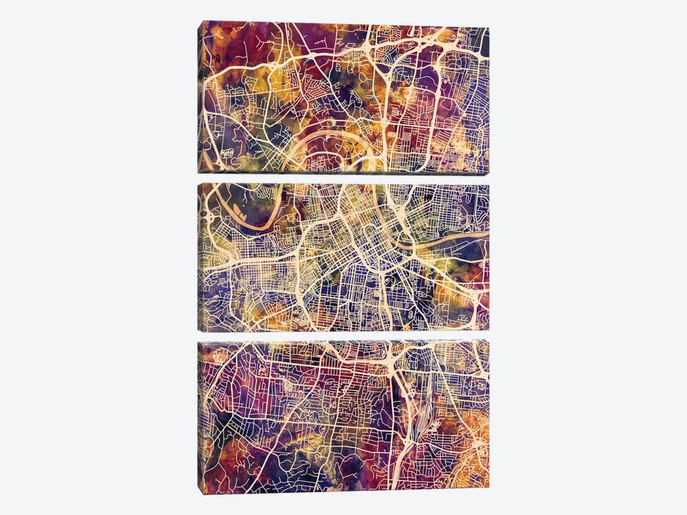 Nashville Tennessee City Map II by Michael Tompsett 3-piece Canvas Art