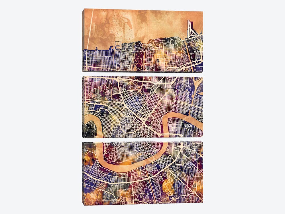 New Orleans Street Map II by Michael Tompsett 3-piece Canvas Art
