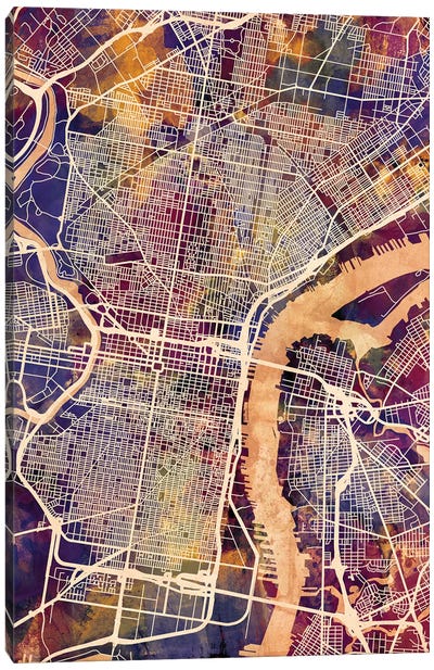 Philadelphia Pennsylvania City Street Map I Canvas Art Print - Pennsylvania Art