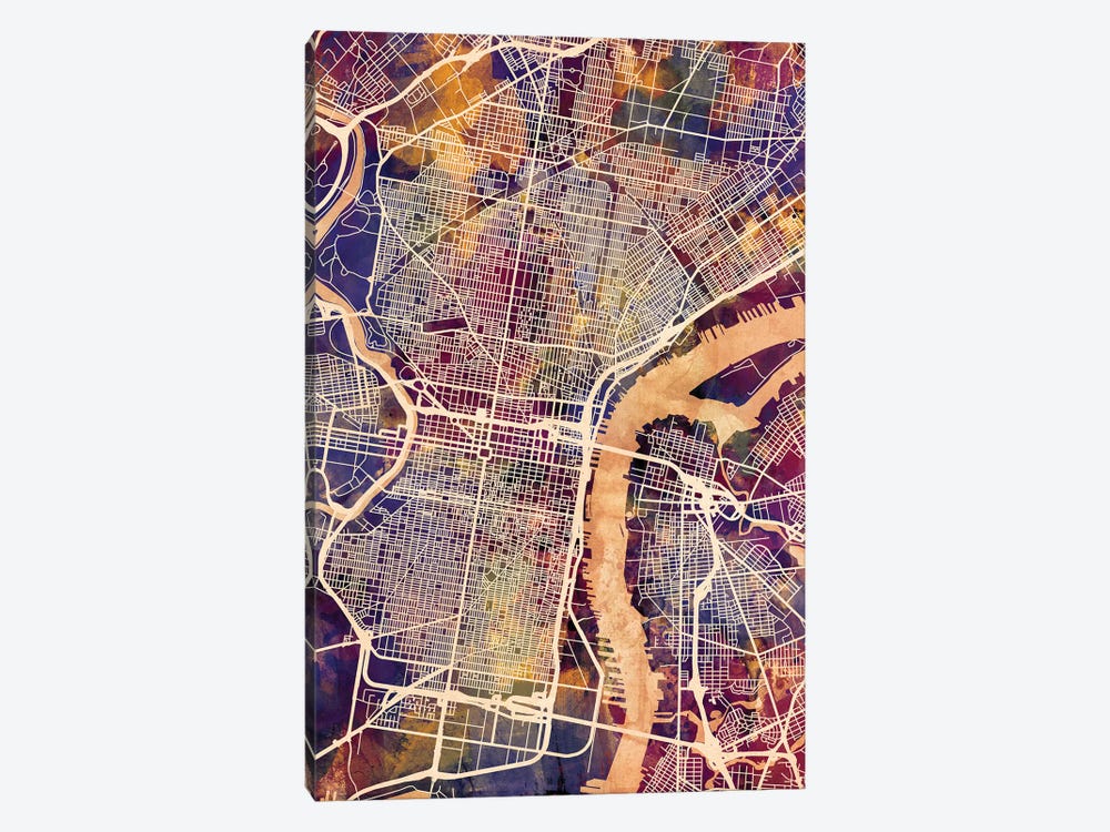 Philadelphia Pennsylvania City Street Map I by Michael Tompsett 1-piece Canvas Art Print