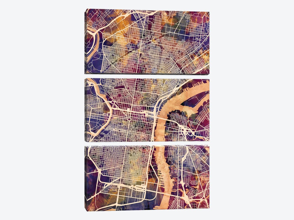 Philadelphia Pennsylvania City Street Map I by Michael Tompsett 3-piece Canvas Art Print