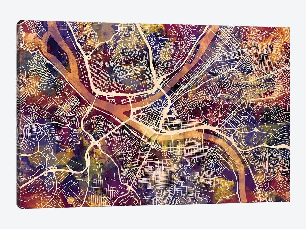 Pittsburgh Pennsylvania Street Map II by Michael Tompsett 1-piece Canvas Wall Art