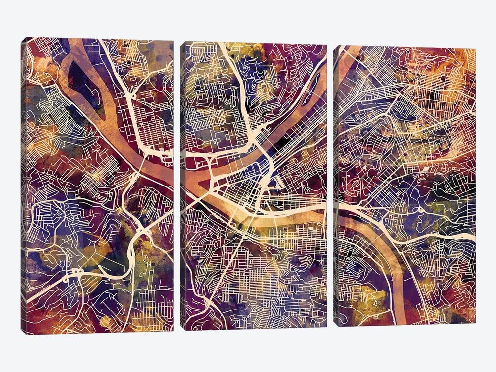 Pittsburgh Pennsylvania Street Map II by Michael Tompsett 3-piece Canvas Artwork