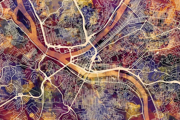 Large Map Art - Canvas Prints: Purple Splash Pittsburgh Pennsylvania Street Map II by Michael Tompsett
