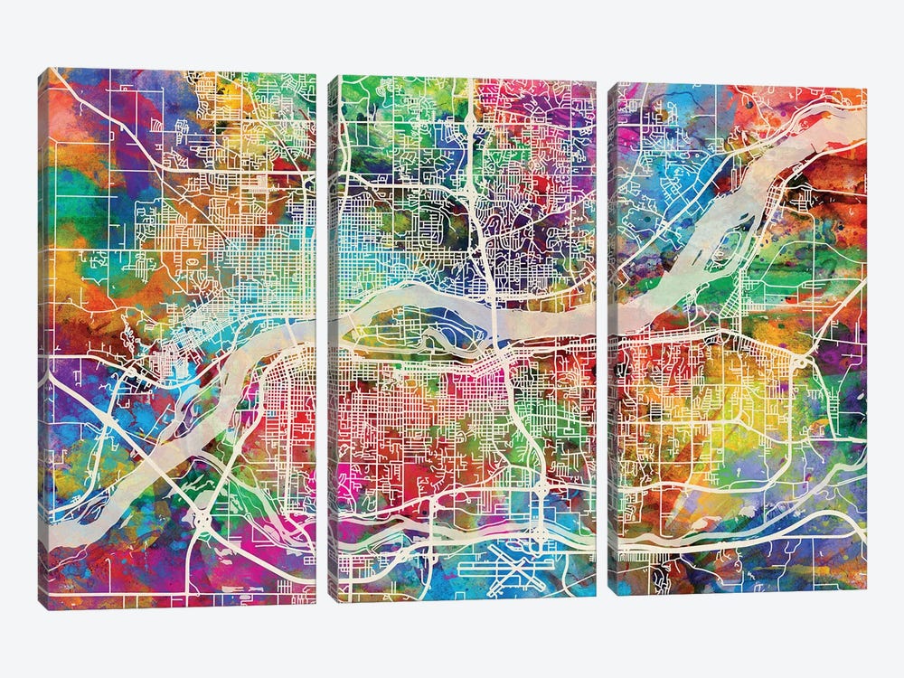 Quad Cities Street Map I by Michael Tompsett 3-piece Canvas Art Print