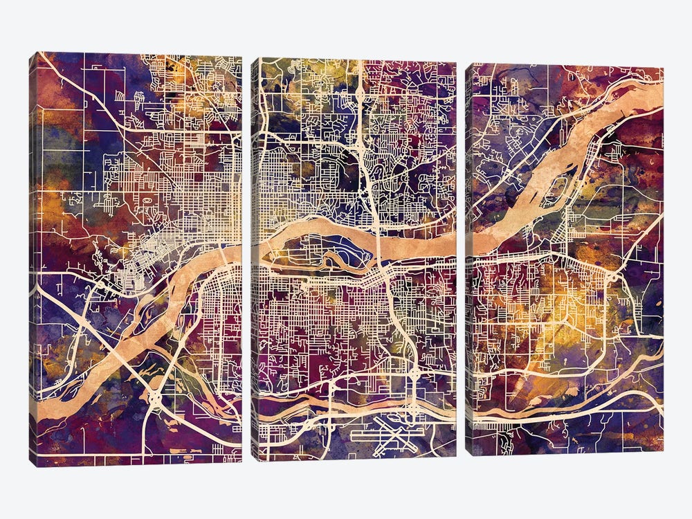 Quad Cities Street Map II by Michael Tompsett 3-piece Canvas Wall Art