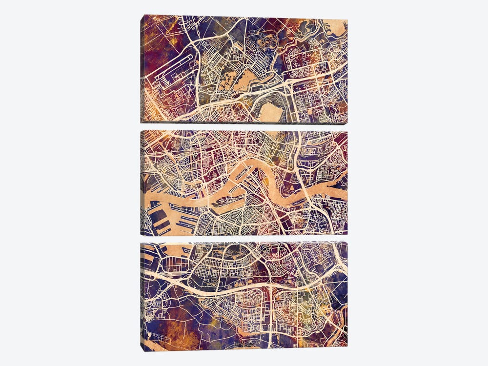 Rotterdam Netherlands City Map II by Michael Tompsett 3-piece Canvas Wall Art