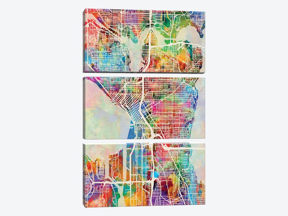 Seattle Washington Street Map I by Michael Tompsett 3-piece Canvas Print