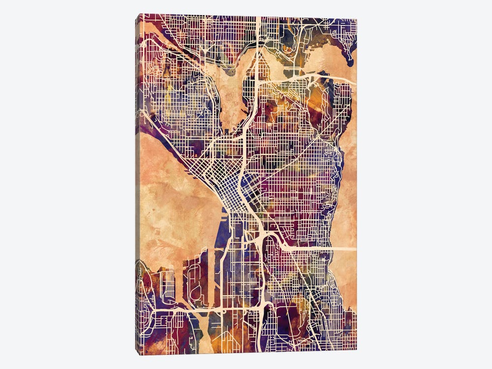 Seattle Washington Street Map II by Michael Tompsett 1-piece Canvas Artwork
