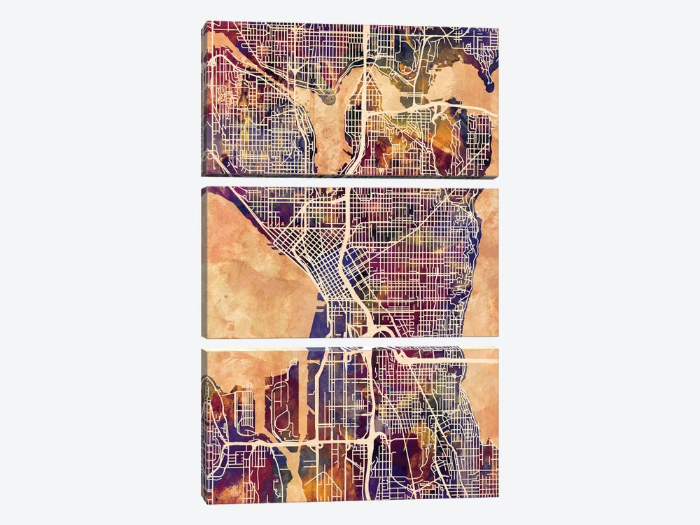 Seattle Washington Street Map II by Michael Tompsett 3-piece Canvas Artwork