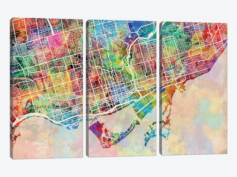 Toronto Street Map III by Michael Tompsett 3-piece Canvas Print